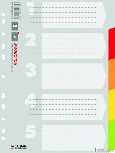 Przekładki , karton, A4, 227x297mm, 5 kart, mix kolorów, typu OFFICE PRODUCTS 21070521-99