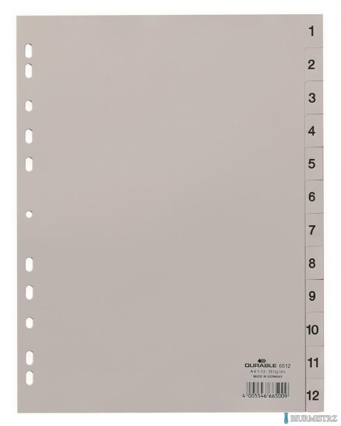 Przekładki PP A4 szare, nadr. indeks, 1-12, 1 0 części Szary 651210 DURABLE