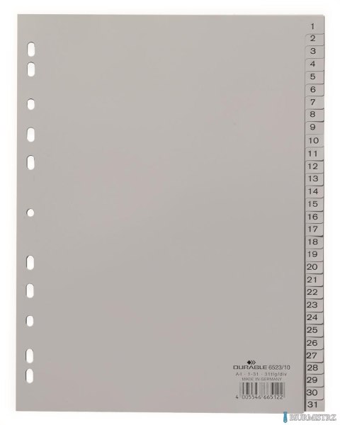 Przekładki PP A4 szare, nadrukowane indeksy, 1-31 Szary 652310 DURABLE