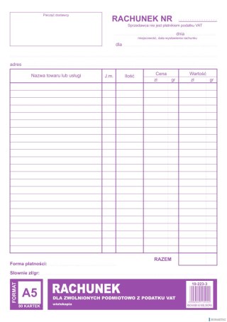 Rachunek dla zwolnionych podmiotowo z VAT A5, 80 kartek wielokopia, 10-223-3 DOTTS