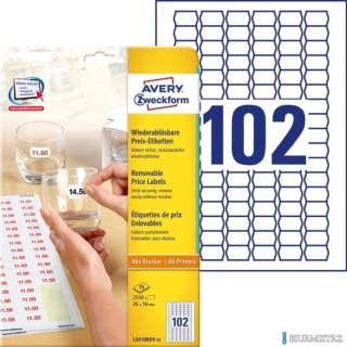 Usuwalne etykiety cenowe, A4, 25 ark./op., 26 x 16 mm, białe, AVERY ZWECKFORM, L3410REV-25