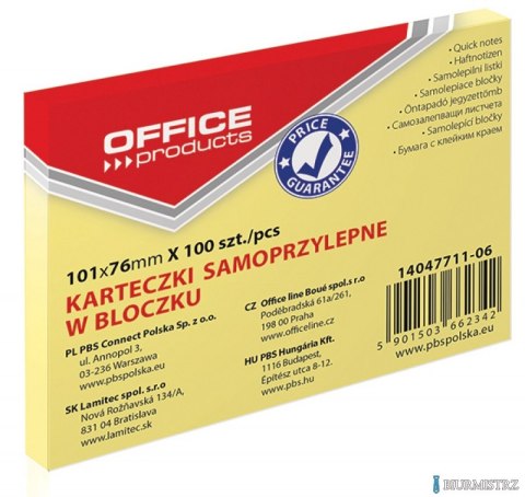 Bloczek samoprzylepny , 101x76mm, 1x100 kart., pastel, jasnożółty, typu OFFICE PRODUCTS 14047711-06