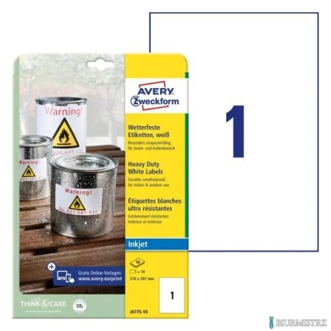 Etykiety Heavy Duty J4775-10 210 x 297 10 ark Avery Zweckform, białe, poliestrowe