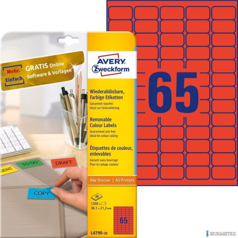 Etykiety czerwone L4790-20 38,1 x 21,2 20 ark. Usuwalne, Avery Zweckform (X)