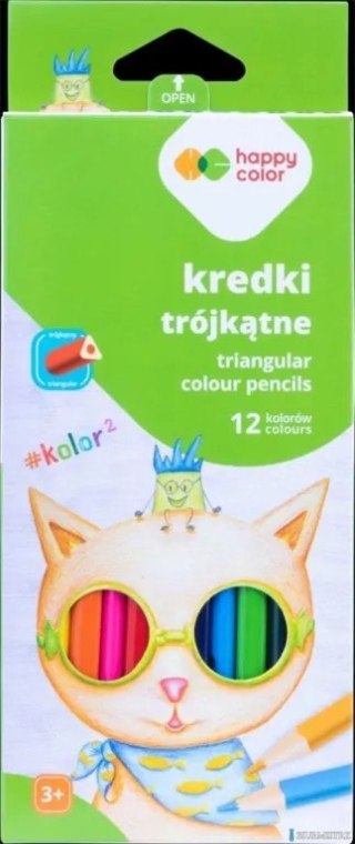 Kredki drewniane, szkolne, trójkątne, 12 kol. KOLOR2, Happy Color