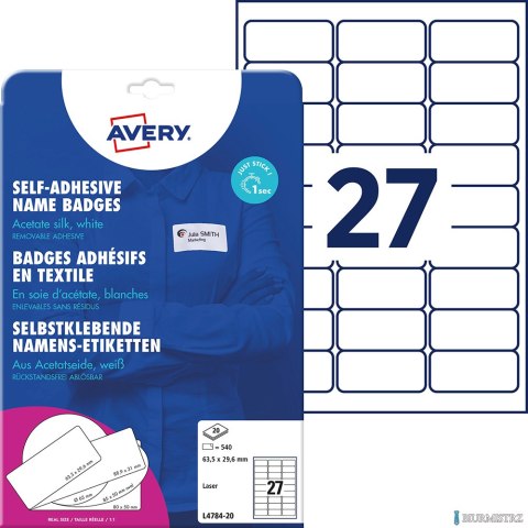 Samoprzylepne identyfikatory L4784-20 63,5x29,6 20 ark., białe, sztuczny jedwab, Avery Zweckform
