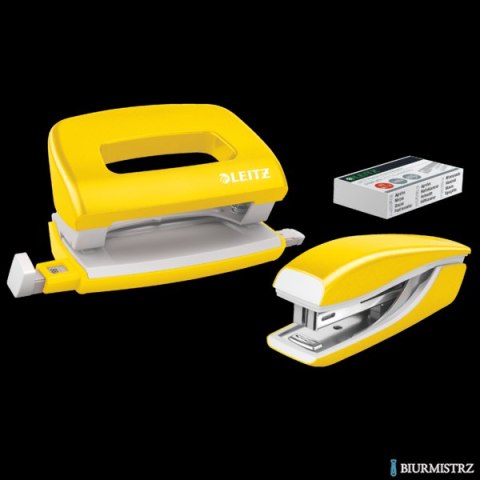 Zszywacz + dziurkacz metalowy Leitz Mini WOW, żółty, 10 lat gwarancji, 10 kartek 55612016