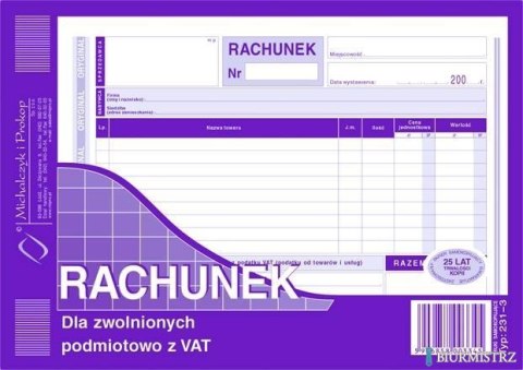 231-3 Rachunek A5 dla zwolnionych podmiotowo z VAT (poziom) MICHALCZYK i PROKOP