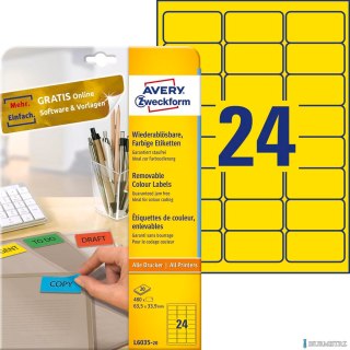 Etykiety żółte L6035-20 63,5 x 33,9 20 ark. usuwalne Avery Zweckform