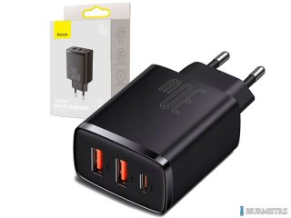 Ładowarka sieciowa/ścienna BASEUS Compact Quick Charger, 2xUSB, USB-C, PD, 3A, 30W (CCXJ-E01) czarna BASADA47332