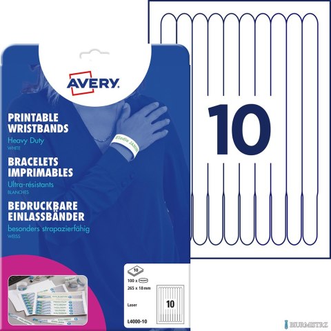 Opaski identyfikacyjne L4000-10 265 x 18 10ark białe, poliestrowe, na nadgarstki, Avery Zweckform, (X)