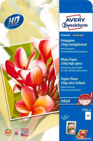 Papier foto wysokobłyszczący 2556-20 A4 20 ark. Premium, biały, 250g, Avery Zweckform (X)