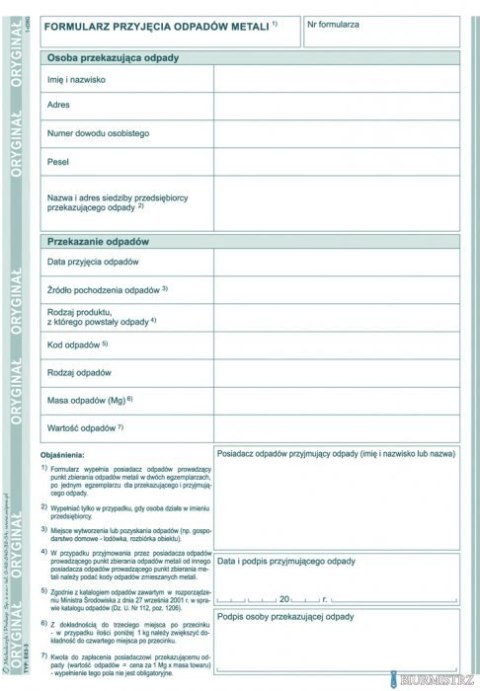 Formularz przyjęcia odpadów metali E03-3 A5 80 stron, MICHALCZYK&PROKOP