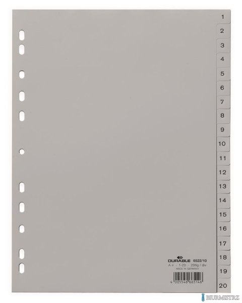 Przekładki PP A4 szare, nadr. indeks, 1-20, 2 0 części Szary 652210 DURABLE