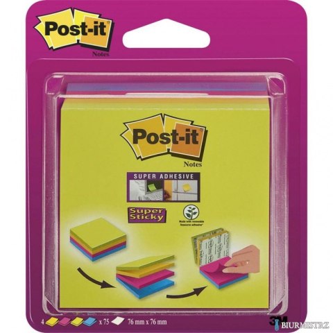 Multi kostka samoprzylepna POST-IT Super Sticky (2014-SC-BYFG),76x76mm, 4x75 kart., mix kolorów