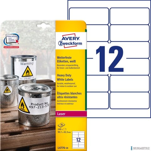 Etykiety Heavy Duty L4776-20 99,1 x 42,3 20 ark. Trwałe, białe, poliestrowe, Avery Zweckform SALE