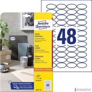 Etykiety o nietypowych kształtach, A4, 10 ark./op., 40x20 mm, owalne, trwałe, AVERY ZWECKFORM, 6241.10.01