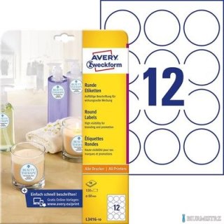 Etykiety o nietypowych kształtach, A4, 10 ark./op., Q60 mm, białe, AVERY ZWECKFORM, L3416-10