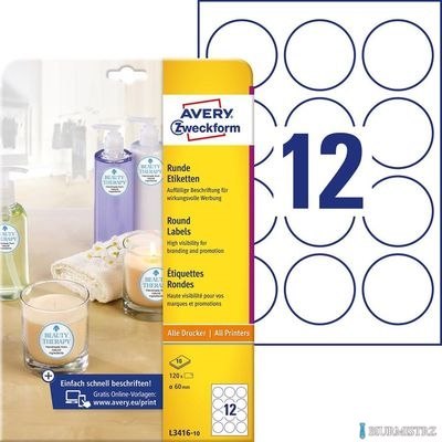 Etykiety o nietypowych kształtach, A4, 10 ark./op., Q60 mm, białe, AVERY ZWECKFORM, L3416-10