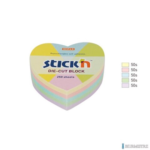 Notes serce, 64x67mm, mix 5 kol. pastelowych, 250kart. Stickn 21835