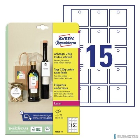 Zawieszki kartonowe Avery Zweckform, 220g, Quick&Clean, 50 x 50 mm, 10 ark. T2003-10