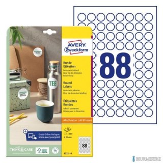 Etykiety o nietypowych kształtach, A4, 10 ark./op., Q20 mm, okrągłe, trwałe, AVERY ZWECKFORM, 6222.10.01
