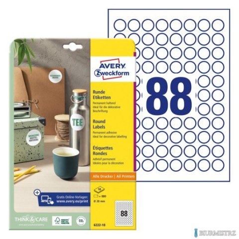 Etykiety o nietypowych kształtach, A4, 10 ark./op., Q20 mm, okrągłe, trwałe, AVERY ZWECKFORM, 6222.10.01