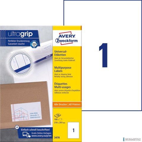 Etykiety uniwersalne 3478 210 x 297 100 ark. Trwałe, białe Avery Zweckform