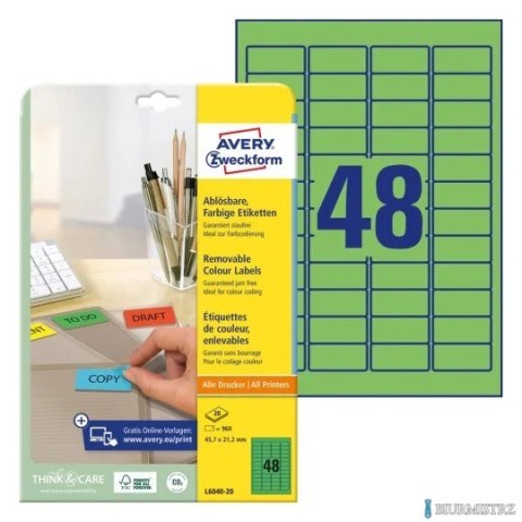 Etykiety zielone L6040-20 45,7 x 21,2 20 ark. Usuwalne, Avery Zweckform