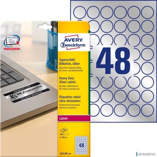 Etykiety znamionowe L6129-20 Q30 20 ark srebrne, poliestrowe, Avery Zweckform