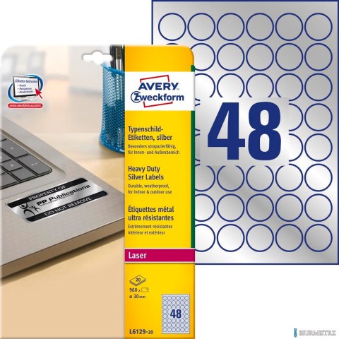 Etykiety znamionowe L6129-20 Q30 20 ark srebrne, poliestrowe, Avery Zweckform