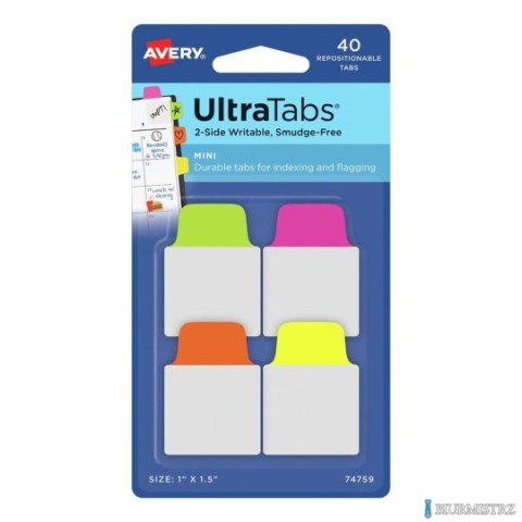 Ultra Tabs - samoprzylepne zakładki indeksujące, kolorowe, neonowe, 25,4x38, 40 szt., Avery Zweckform 74759