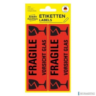 Etykiety informacyjne UWAGA SZKŁO, 10 etyk./op., 119 x 38 mm, czerwony odblaskowy, AVERY ZWECKFORM, 3050