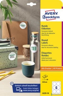 Etykiety o nietypowych kształtach, A4, 10 ark./op., Q80 mm, okrągłe, trwałe, AVERY ZWECKFORM, 6229.10.01 6229-10 biale