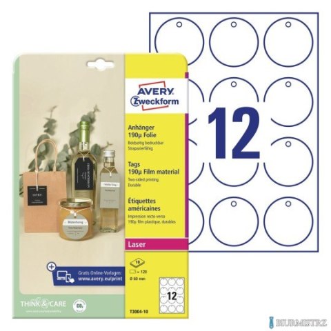 Zawieszki foliowe Avery Zweckform, 190_, 60 mm, okrągłe, 10 ark. T3004-10