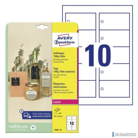 Zawieszki foliowe Avery Zweckform, 190_, 90 x 50 mm, 10 ark. T3001-10