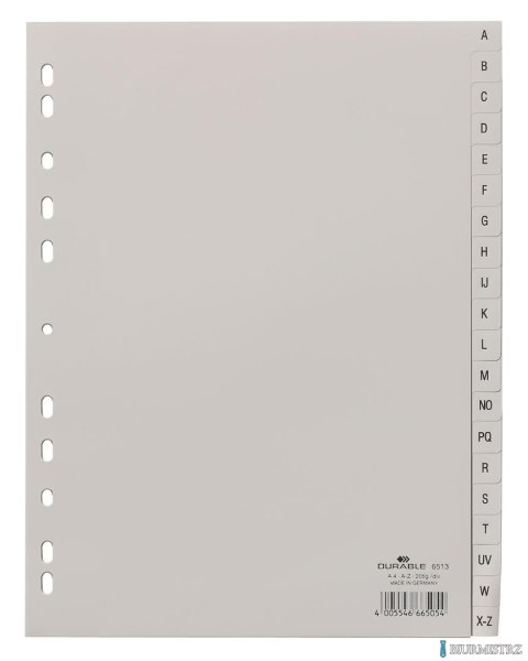 Przekładki PP A4 szare, nadruk indeks, A-Z 20 części Szary 651310 DURABLE