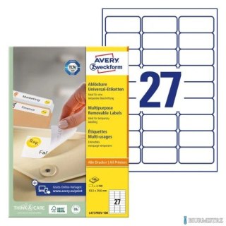 Usuwalne etykiety uniwersalne, A4, 100 ark./op., 63,5 x 29,6 mm, białe, AVERY ZWECKFORM, L4737REV-100