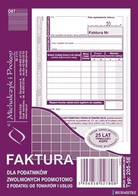 205-5E Faktura dla podatników zwolnionych z VAT A6 (o+1k) MICHALCZYK