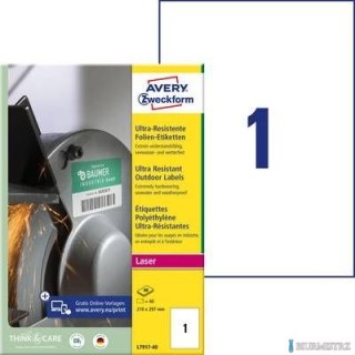 Etykiety polietylenowe ultra resistant, A4, 40 ark./op., 210x297mm, AVERY ZWECKFORM, L7917-40