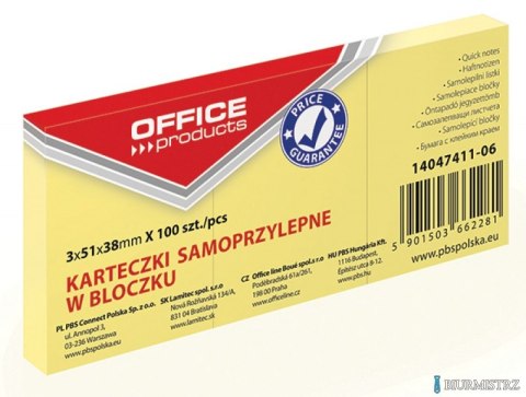 Bloczek samoprzylepny , 38x51mm, 1x100 kart., pastel, jasnożółty, typu OFFICE PRODUCTS 14047411-06