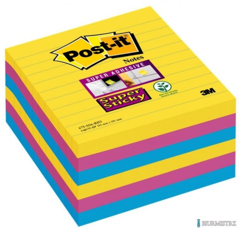 Bloczek samoprzylepny POST-IT Super Sticky w linie (675-SS6RIO-EU), 101x101mm, 6x90 kart., paleta Rio de Janeiro