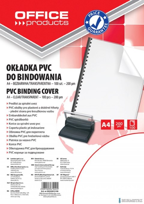 Okładki do bindowania , PVC, A4, 200mikr., 100szt., transparentne, typu OFFICE PRODUCTS 20222015-90