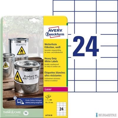 Etykiety Heavy Duty, A4, 20 ark./op.70 x 37 mm, białe, poliestrowe, AVERY ZWECKFORM, L4718-20
