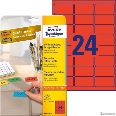 Etykiety czerwone L6034-20 63,5 x 33,9 20 ark. usuwalne Avery Zweckform