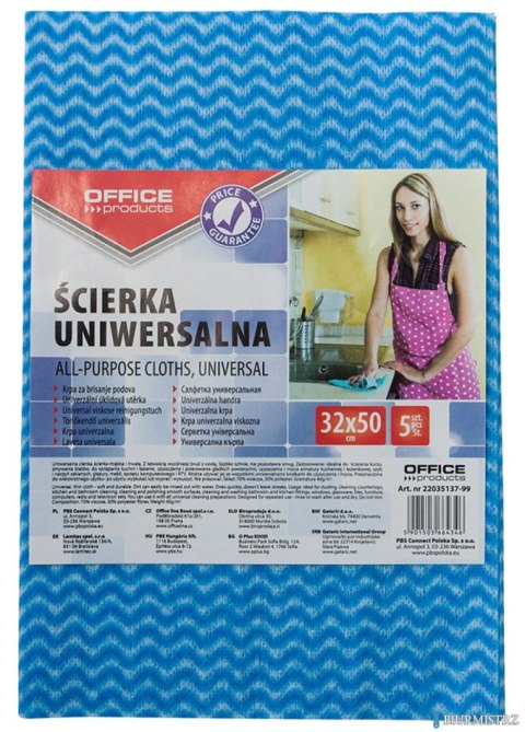 Ścierka uniwersalna , wiskoza 70%, gr. 40g/mkg, 32x50cm, 5szt., niebieska, typu OFFICE PRODUCTS 22035137-99