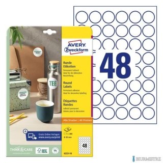 Etykiety o nietypowych kształtach, A4, 10 ark./op., Q30 mm, okrągłe, trwałe, AVERY ZWECKFORM, 6223.10.01