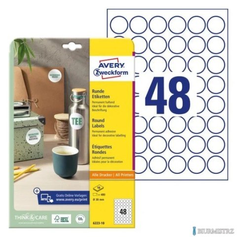 Etykiety o nietypowych kształtach, A4, 10 ark./op., Q30 mm, okrągłe, trwałe, AVERY ZWECKFORM, 6223.10.01