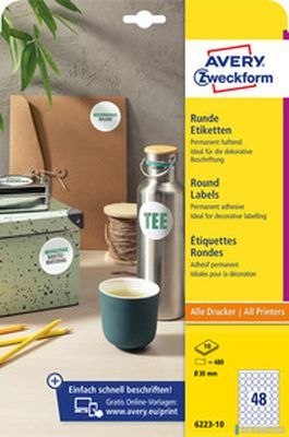 Etykiety o nietypowych kształtach, A4, 10 ark./op., Q30 mm, okrągłe, usuwalne, AVERY ZWECKFORM, 6223REV-10