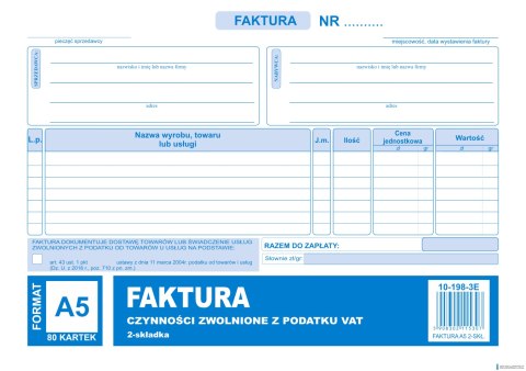 Faktura czynności zwolnione z podatku A5, 80 kartek (1+1), 10-198-3E DOTTS